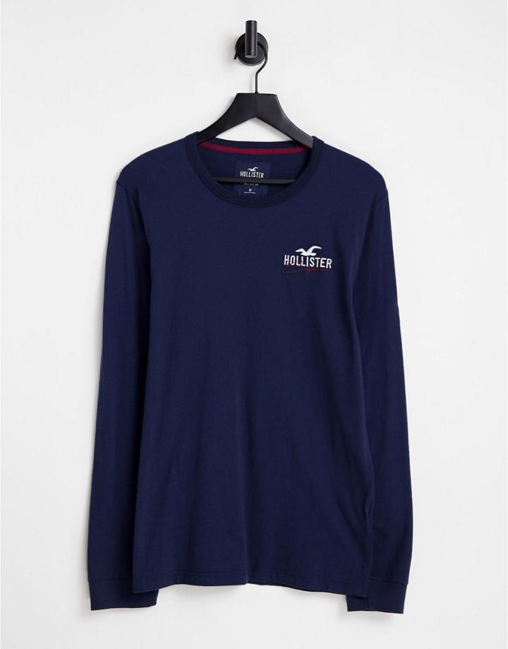 Hollister Long Sleeve Logo T-shirt In Navy