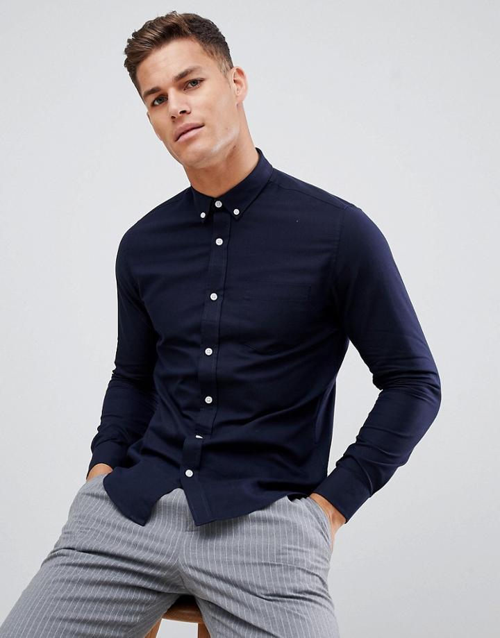 Only & Sons Slim Fit Oxford Shirt With Chest Pocket - Blue