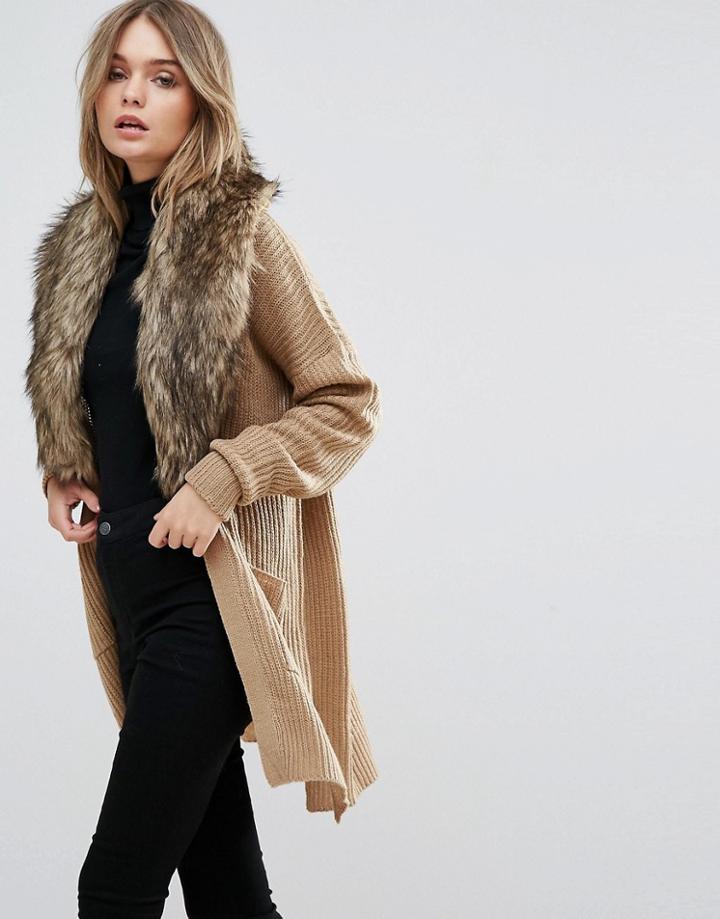 Brave Soul Hawk Cardigan With Detachable Fur Collar - Brown