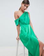 Asos Design One Shoulder Maxi Dress In Hammered Satin-green