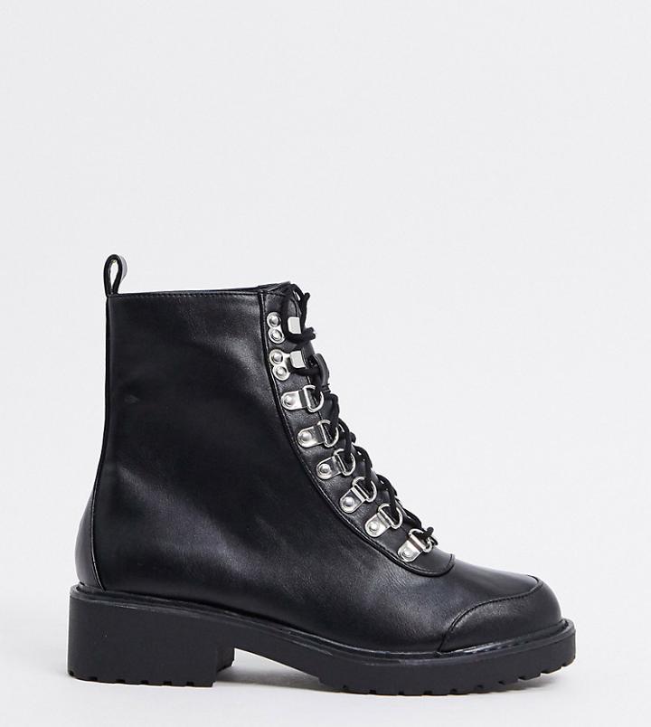 London Rebel Wide Fit Hiker Boots In Black