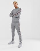 Asos Design Tracksuit Sweatshirt/skinny Sweatpants In Gray And Navy Interest Fabric With Side Stripe
