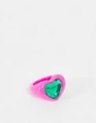 Asos Design Ring In Heart Shape With Emerald Green Jewel In Hot Pink Plastic