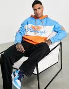 Asos Design Oversized Hoodie In Blue & Orange Color Block With Multiplacement Print