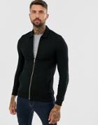 Asos Design Muscle Harrington Jersey Jacket In Black With Gold Zips