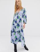 Asos White Midi Dress In Blue Floral Print - Blue