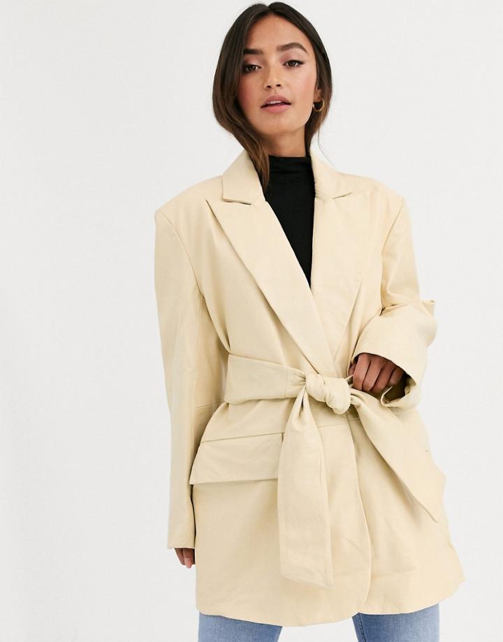 Asos Design Leather Grandad Jacket In Lemon