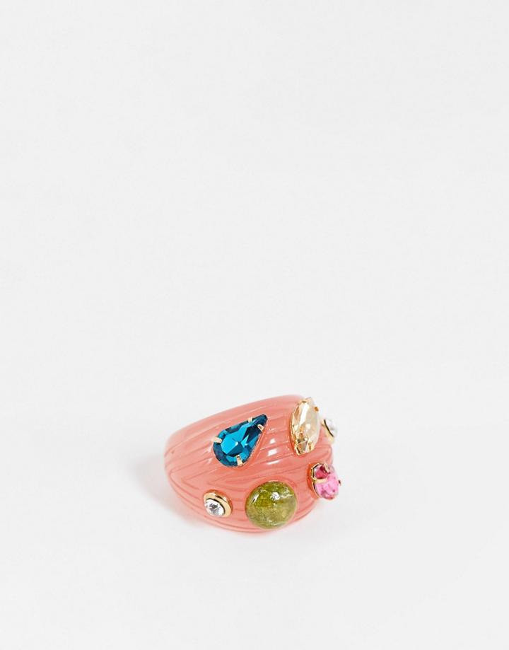 Designb London Ridged Resin Ring With Crystal Embellishment In Pink