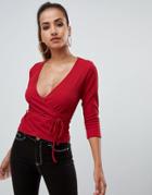 Prettylittlething Ribbed Tie Side Wrap Top In Red - Red