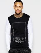 Asos Muscle Long Sleeve T-shirt With Typo Print And Contrast Sleeves - Black
