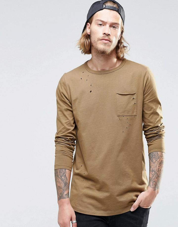 Asos Longline Long Sleeve T-shirt With Distress - Green