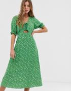 New Look Tie Front Midi Dress In Green Ditsy Floral Print