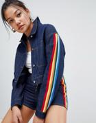 Honey Punch Cropped Denim Jacket With Rainbow Stripe Detail Two-piece - Blue