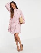 Asos Design Pleated Trapeze Mini Dress With All Over Embroidery In Pink