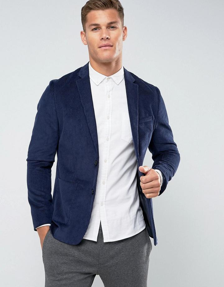 Asos Unstructured Slim Blazer In Navy Cord - Navy