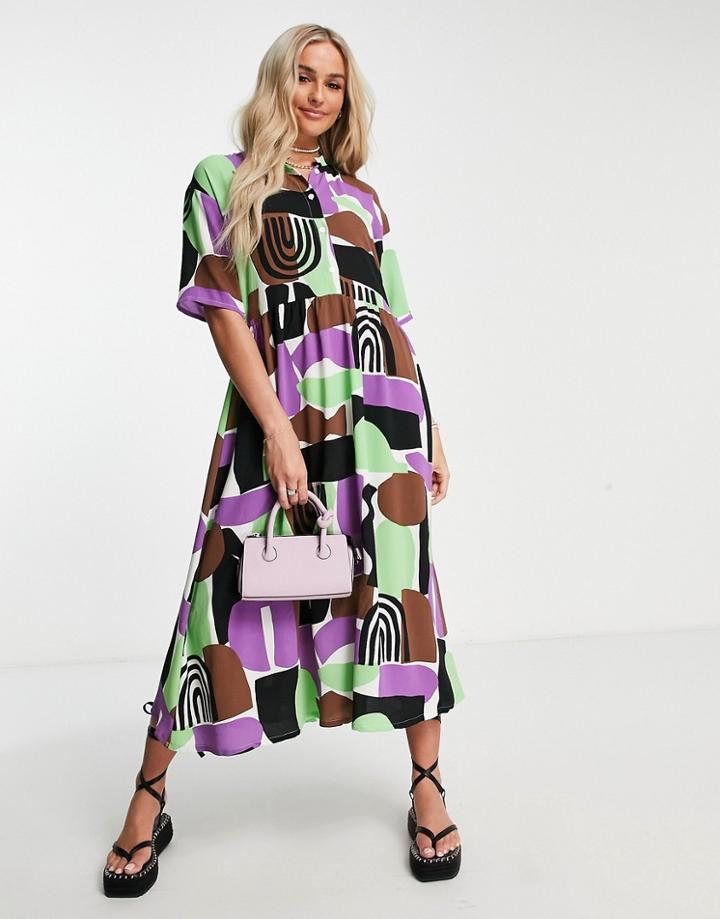 Monki Midi Smock Shirt Dress In Abstract Print-multi