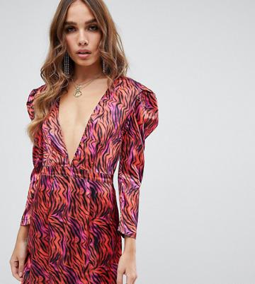 Dusty Daze Plunge Front 80s Dress In Zebra - Red