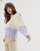 Monki Color Block Knitted Sweater In White And Lilac - Multi