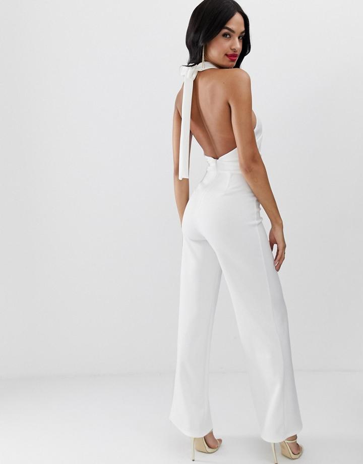 True Violet Exclusive Wide Leg Halter Neck Jumpsuit In Ivory - White