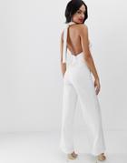 True Violet Exclusive Wide Leg Halter Neck Jumpsuit In Ivory - White