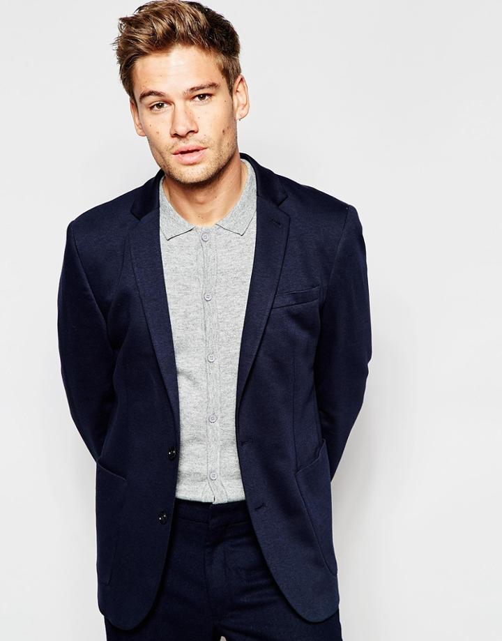 Asos Skinny Fit Blazer In Jersey In Navy - Navy