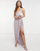 Tfnc Bridesmaid Satin Halterneck Top Maxi Dress In Gray-grey