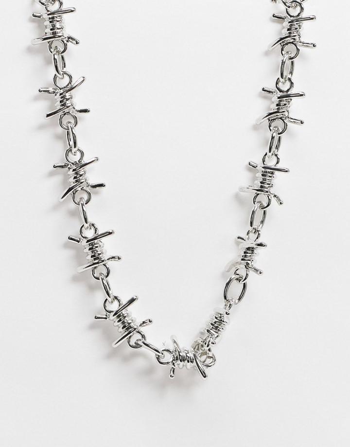 Asos Design Short Chunky 17mm Neckchain With Barbed Wire Design In Silver Tone