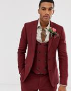 Asos Design Wedding Super Skinny Suit Jacket In Micro Texture Burgundy - Red