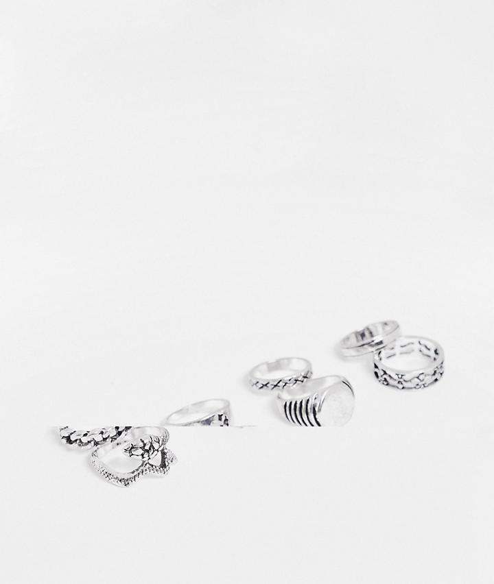 Asos Design 8 Pack Mixed Ring Set With Embossing And Snake In Burnished Silver