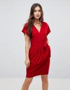 Qed London Wrap Front Tulip Dress - Red