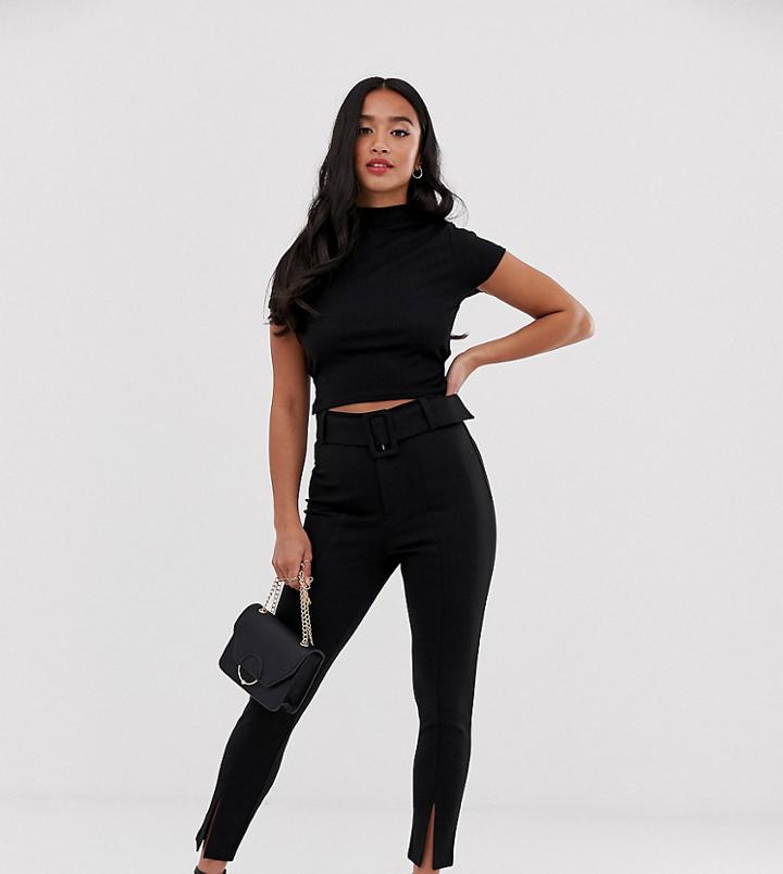 Asos Design Petite Covered Buckle Skinny Pants With Hem Splits - Black