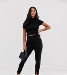 Asos Design Petite Covered Buckle Skinny Pants With Hem Splits - Black