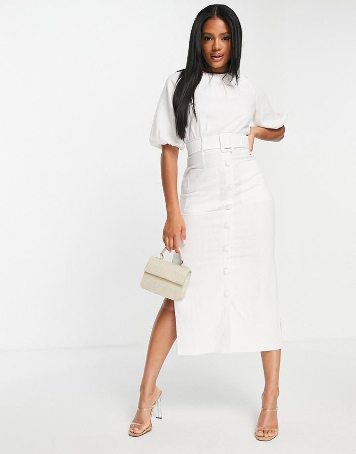 Asos Design Linen Puff Sleeve Button Through Belted Midi Dress In White