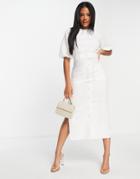 Asos Design Linen Puff Sleeve Button Through Belted Midi Dress In White