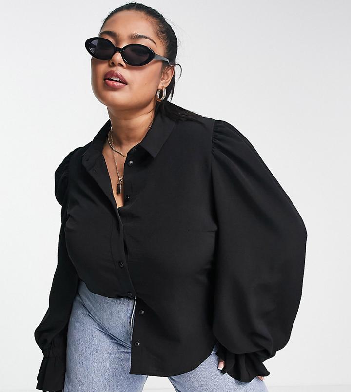 Asos Design Curve Volume Sleeved Soft Shirt With Ruffle Cuffs In Black
