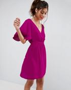 Asos Flutter Sleeve Cross Over Mini Dress - Pink