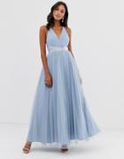Asos Design Premium Tulle Maxi Prom Dress With Ribbon Ties-blue