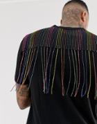 Asos Design Relaxed T-shirt With Multicoloured Rainbow Embellished Fringing In Black - Black