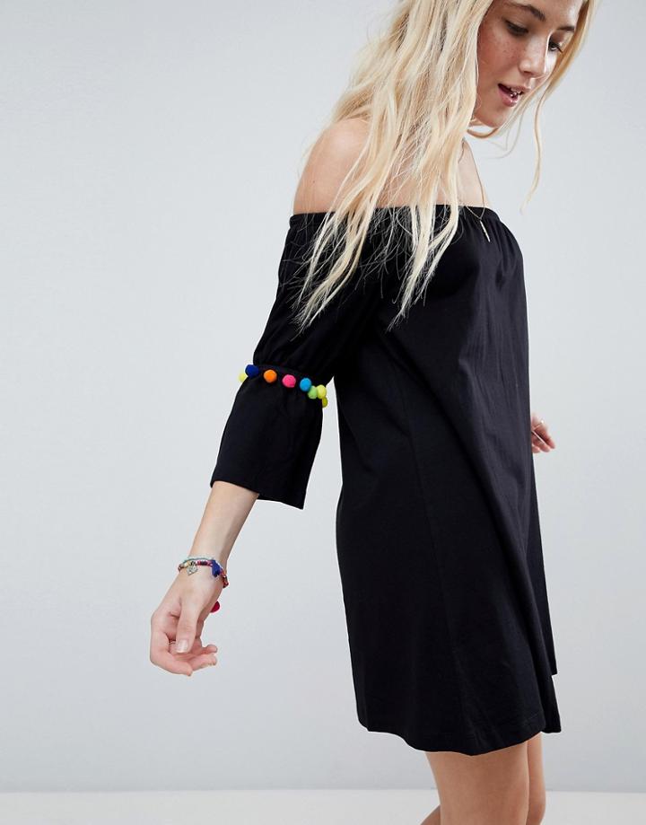 Asos Off Shoulder Sundress With Trumpet Sleeves & Multi Color Pom Poms - Black