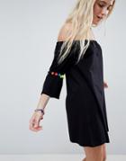 Asos Off Shoulder Sundress With Trumpet Sleeves & Multi Color Pom Poms - Black