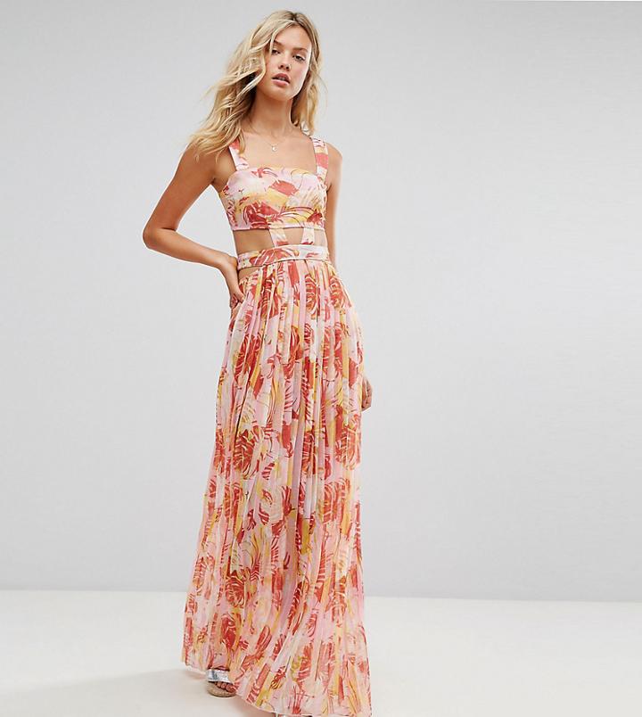 Asos Design Tall Beach Cut Out Chiffon Dress In Pink Palm Print - Multi