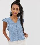 New Look Button Through Blouse In Blue Ditsy Print-multi