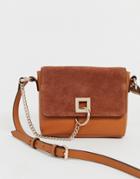 Asos Design Suede And Leather Mix Cross Body With Ring And Chain Detail - Tan