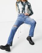 Bershka Straight Jean With Knee Rips And Side Split In Blue-blues