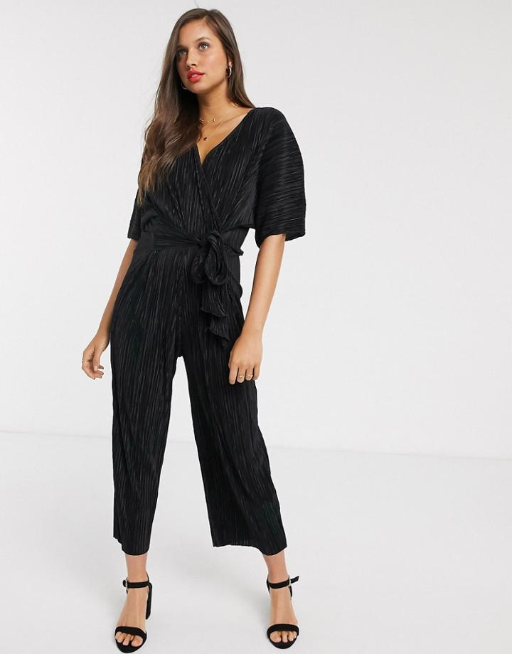 Asos Design Plisse Wrap Tie Jumpsuit-black