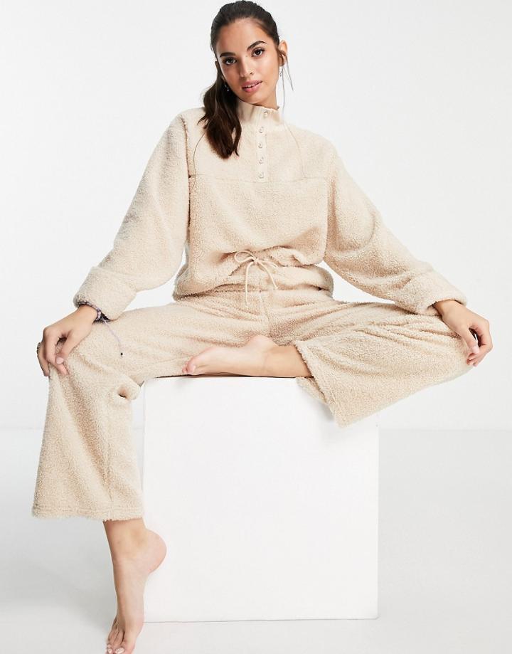 Asos Design Lounge Mix & Match Borg Sweat With Pearl Detail In Beige-neutral