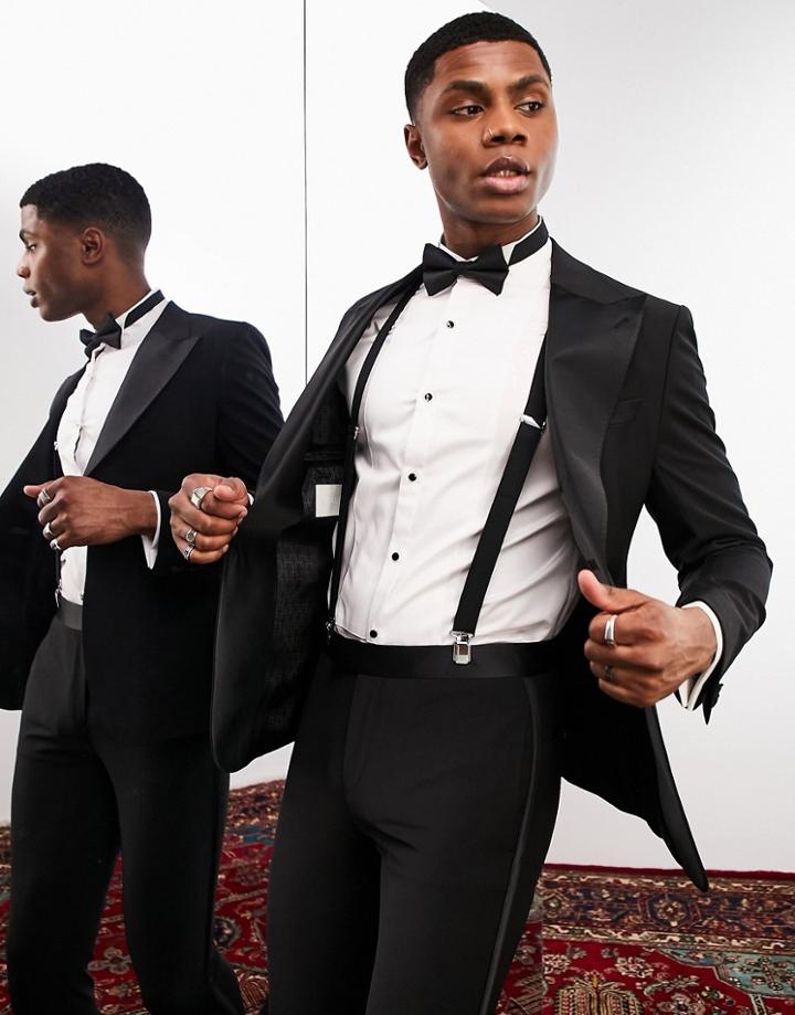 Noak 'bermondsey' Super Skinny Tuxedo Suit Jacket In Black Worsted Wool Blend With Four Way Stretch