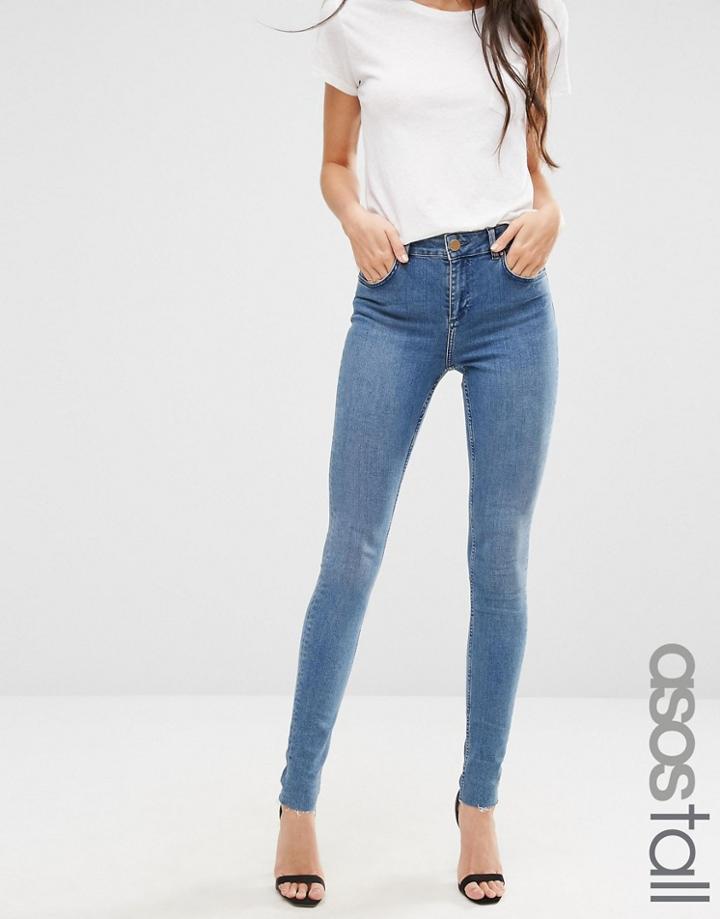 Asos Tall Lisbon Mid Rise Skinny Jeans In Lara Mid Stonewash With Raw Hem - Blue