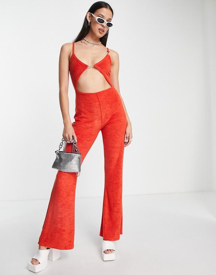 Elsie & Fred Cut Out Detail 70s Jumpsuit In Red Towelling