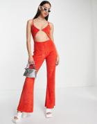 Elsie & Fred Cut Out Detail 70s Jumpsuit In Red Towelling